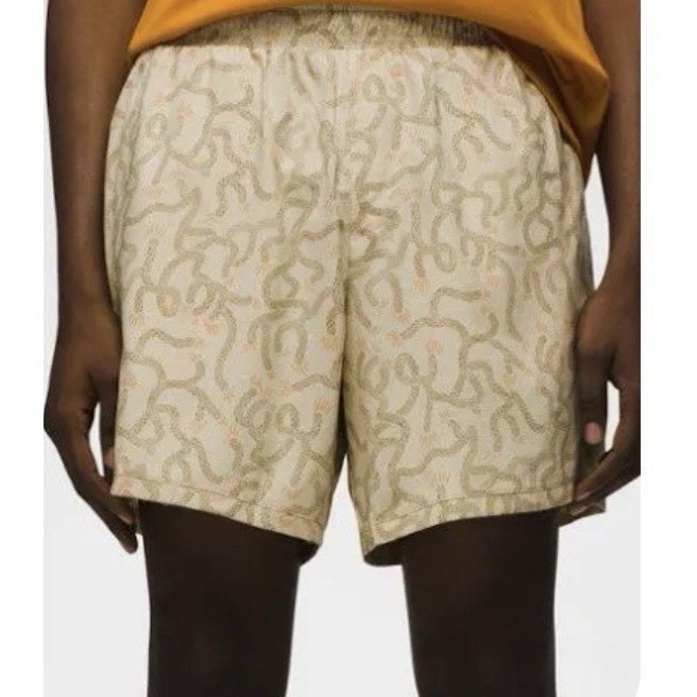 Prana NEW Peak to Pavement Lined Short Mens Large x6" AOP Cliffside Yucca Beige